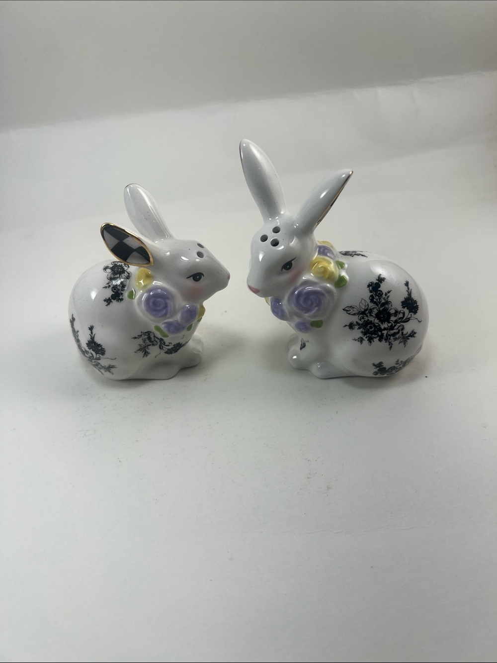Floral Ceramic Bunny Salt and Pepper Shaker Set - White with Purple Roses
